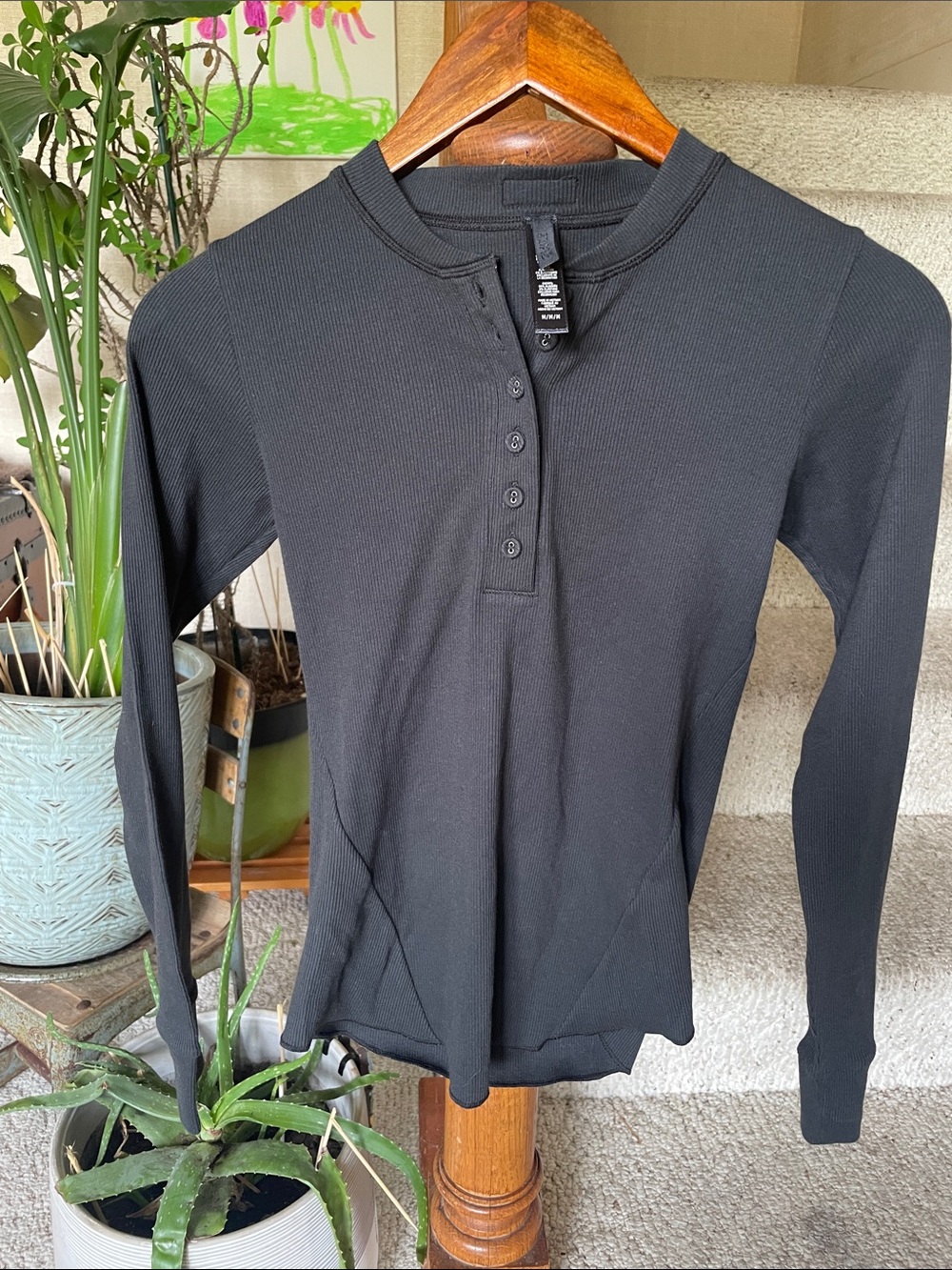 Skims Black Ribbed Henley Long-Sleeve Top